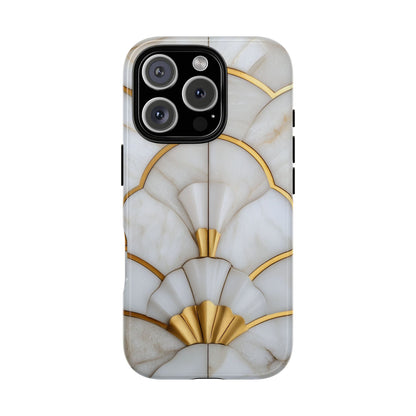 Art Deco Tough Phone Cases in White Marble Stone Print With Gold Threads for iPhone, Samsung Galaxy and Google Pixel Models