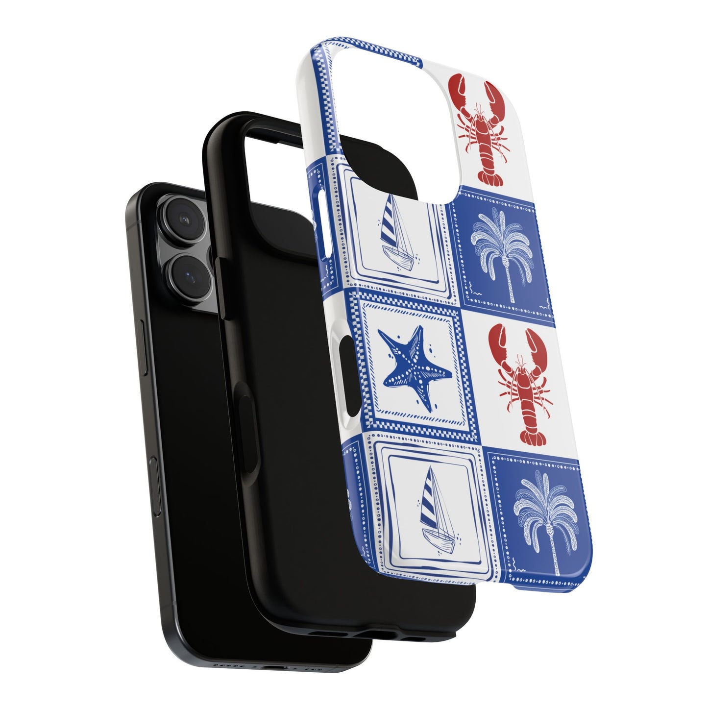 Coastal Tile Phone Case Blue White Nautical Lobster iPhone Samsung Pixel Case