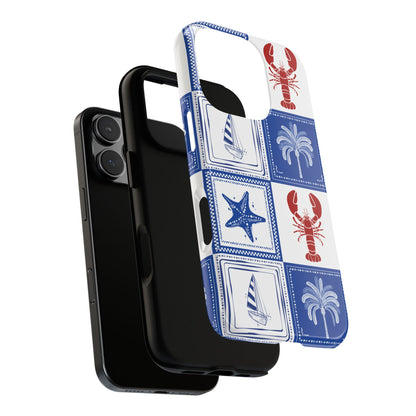 Coastal Tile Phone Case Blue White Nautical Lobster iPhone Samsung Pixel Case