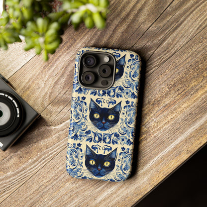 Tough Phone Cases - Mediterranean Tile Motif With Blue Cats
