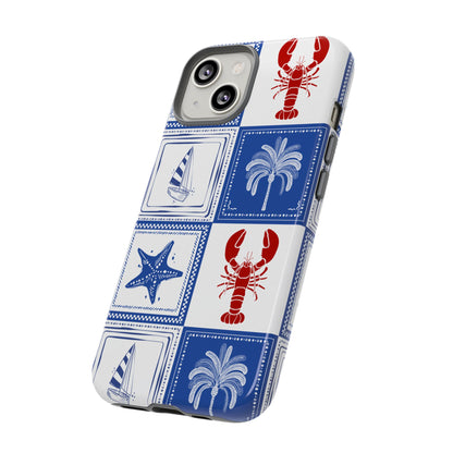 Coastal Tile Phone Case Blue White Nautical Lobster iPhone Samsung Pixel Case