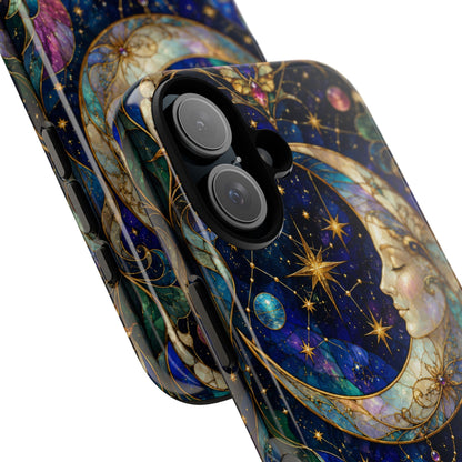 Celestial Crescent Moon Phone Case, Whimsical Stained Glass Art Nouveau Cover, Mystic Galaxy iPhone Samsung Galaxy Case, Cosmic Pixel Case
