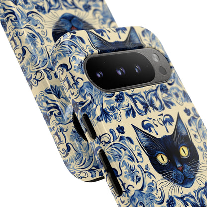 Tough Phone Cases - Mediterranean Tile Motif With Blue Cats