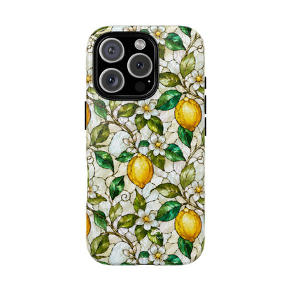 Stained Glass Lemon Phone Case, Citrus Botanical iPhone Case, Coastal Mediterranean Summer Fruits Floral Case, Art Nouveau Tough Cover