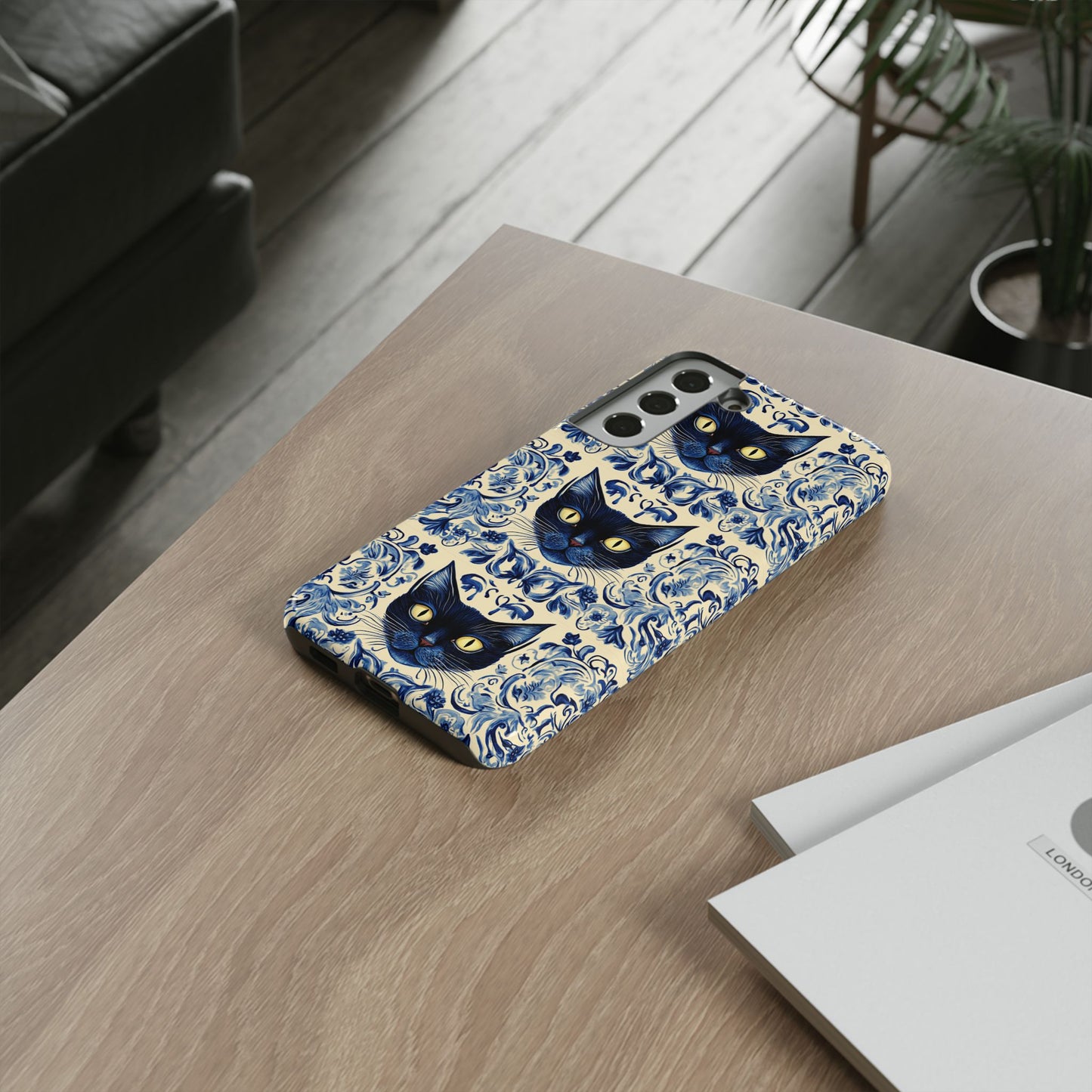 Tough Phone Cases - Mediterranean Tile Motif With Blue Cats