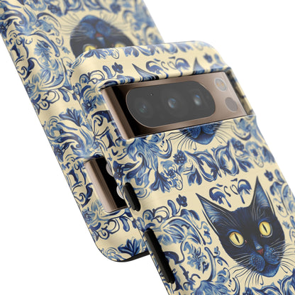 Tough Phone Cases - Mediterranean Tile Motif With Blue Cats