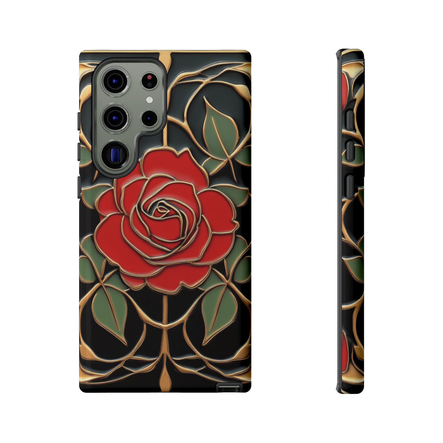 Art Nouveau Red Rose Phone Case Black Gold Floral Luxury iPhone Samsung Pixel Case