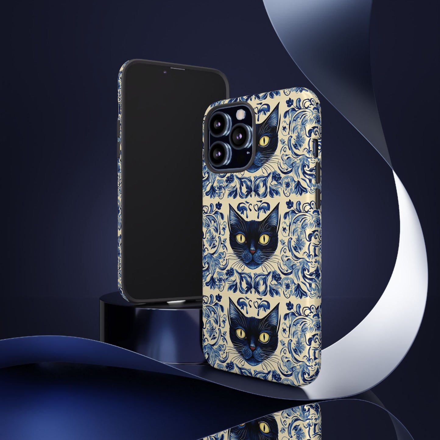 Tough Phone Cases - Mediterranean Tile Motif With Blue Cats