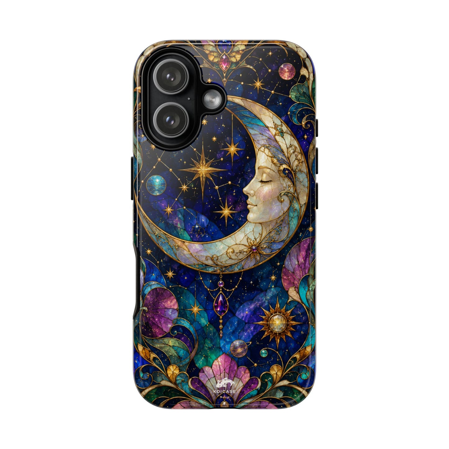 Celestial Crescent Moon Phone Case, Whimsical Stained Glass Art Nouveau Cover, Mystic Galaxy iPhone Samsung Galaxy Case, Cosmic Pixel Case
