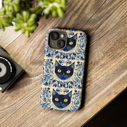 Tough Phone Cases - Mediterranean Tile Motif With Blue Cats