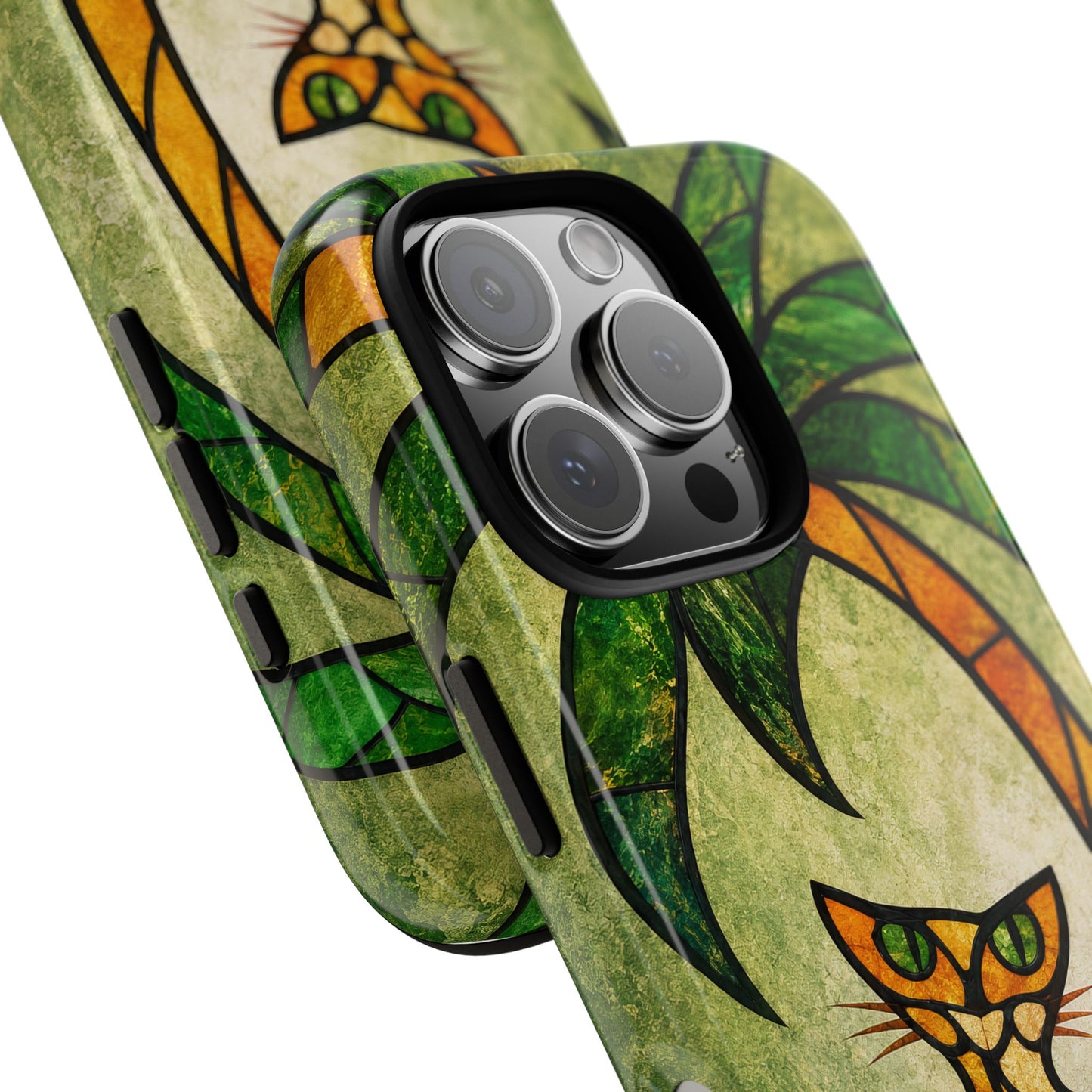 Orange Cat Stained Glass Phone Case – Tropical Palm Tree Art Nouveau Tough Case