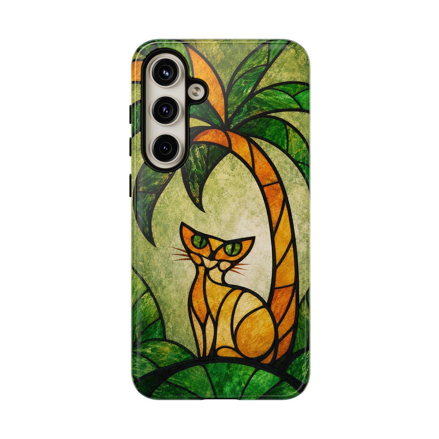 Orange Cat Stained Glass Phone Case – Tropical Palm Tree Art Nouveau Tough Case