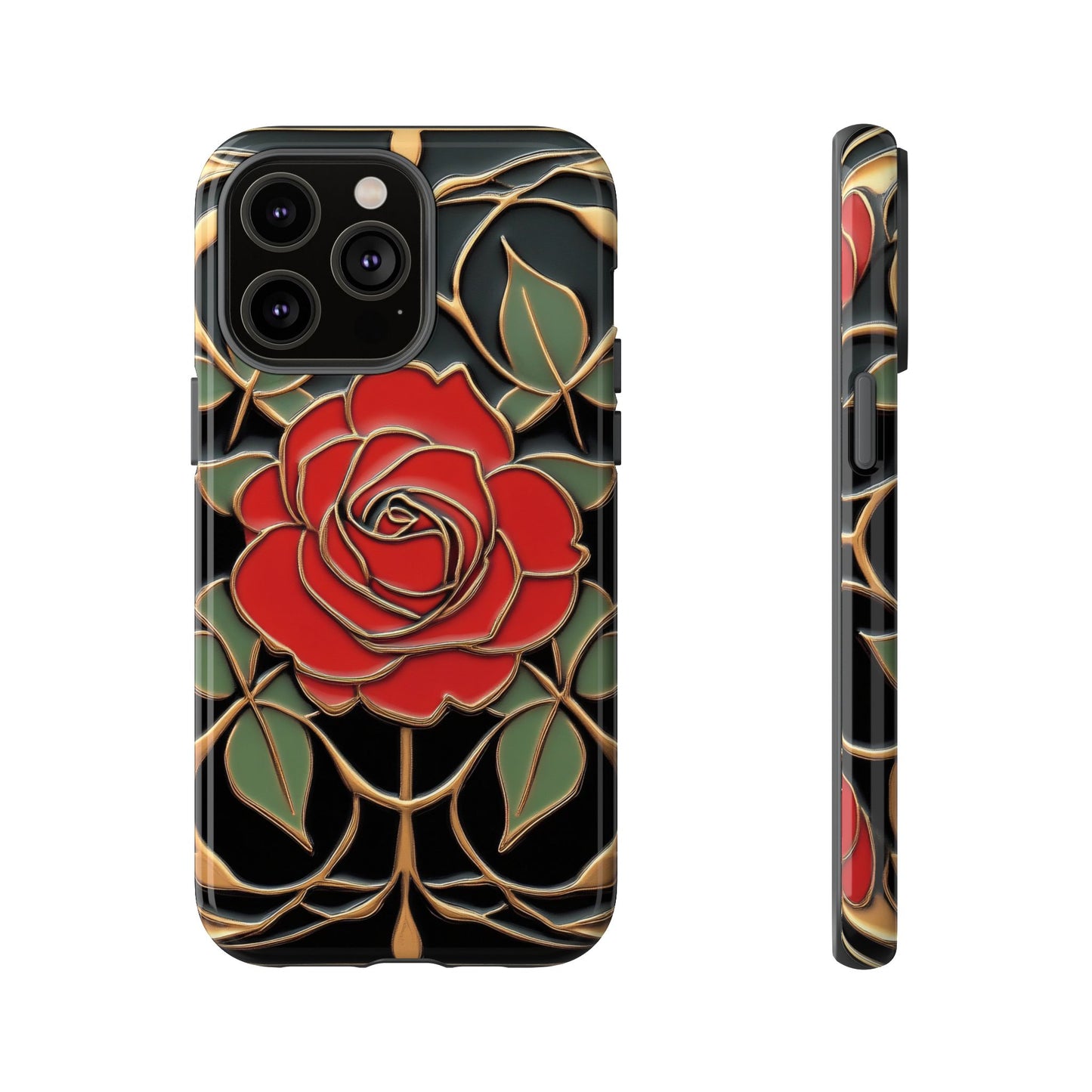 Art Nouveau Red Rose Phone Case Black Gold Floral Luxury iPhone Samsung Pixel Case
