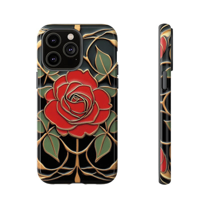 Art Nouveau Red Rose Phone Case Black Gold Floral Luxury iPhone Samsung Pixel Case
