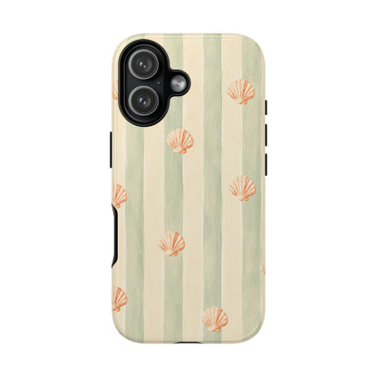 Coastal Shell Phone Case, Beach Aesthetic Tough Case, Summer Seashell iPhone Case, Sage Green Stripe Phone Cover,