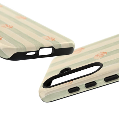 Coastal Shell Phone Case, Beach Aesthetic Tough Case, Summer Seashell iPhone Case, Sage Green Stripe Phone Cover,