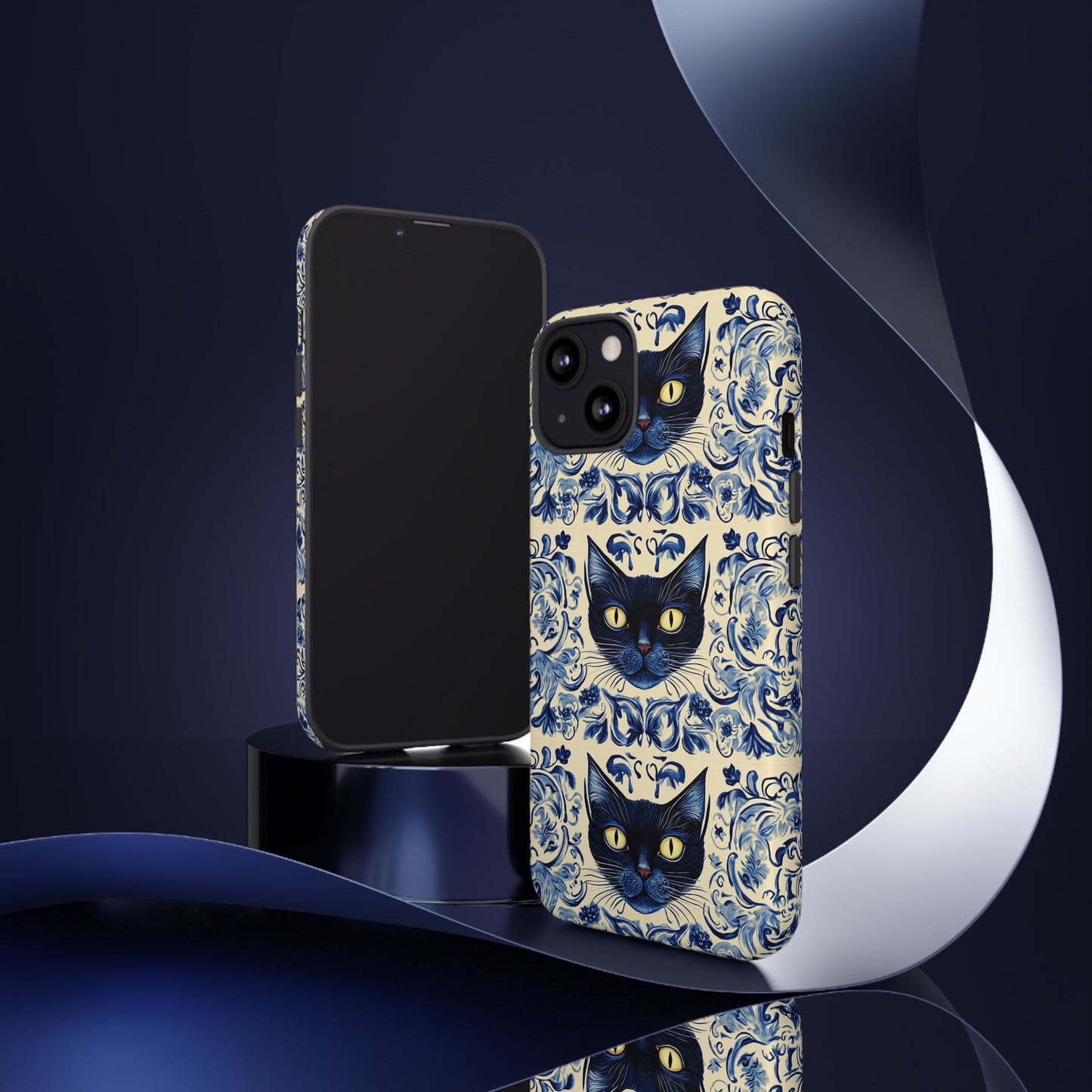 Tough Phone Cases - Mediterranean Tile Motif With Blue Cats