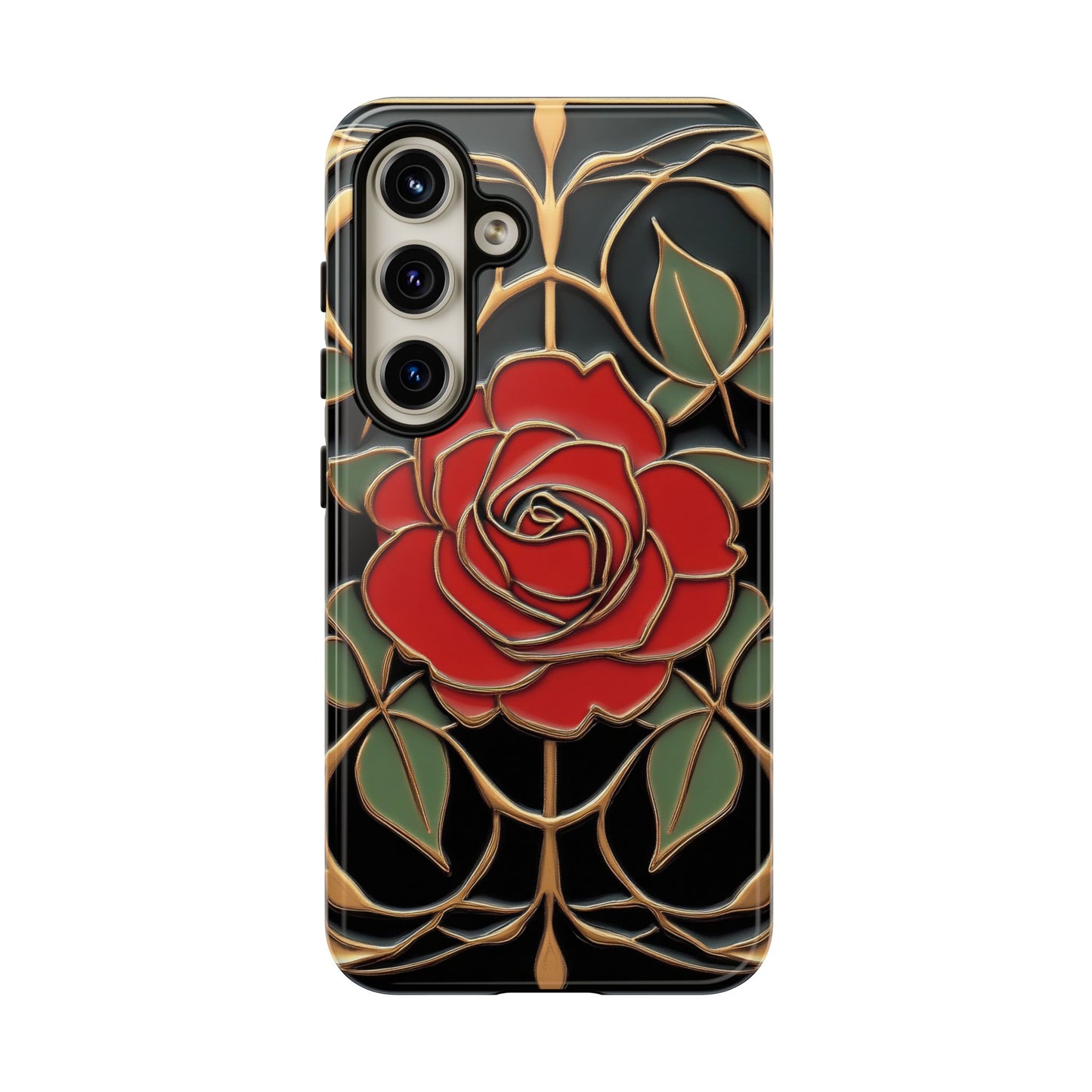 Art Nouveau Red Rose Phone Case Black Gold Floral Luxury iPhone Samsung Pixel Case