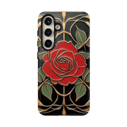 Art Nouveau Red Rose Phone Case Black Gold Floral Luxury iPhone Samsung Pixel Case