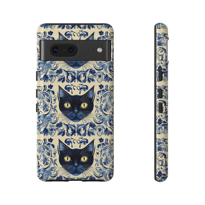 Tough Phone Cases - Mediterranean Tile Motif With Blue Cats