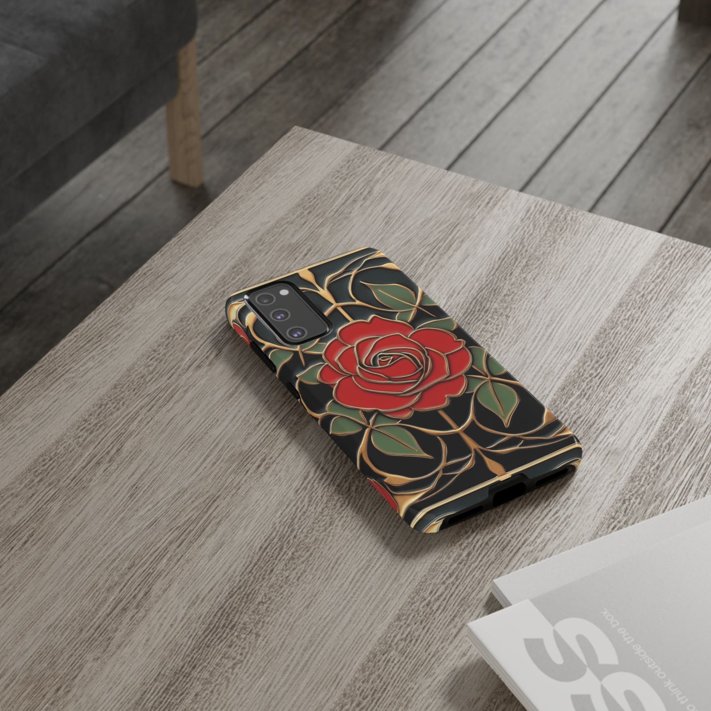 Art Nouveau Red Rose Phone Case Black Gold Floral Luxury iPhone Samsung Pixel Case