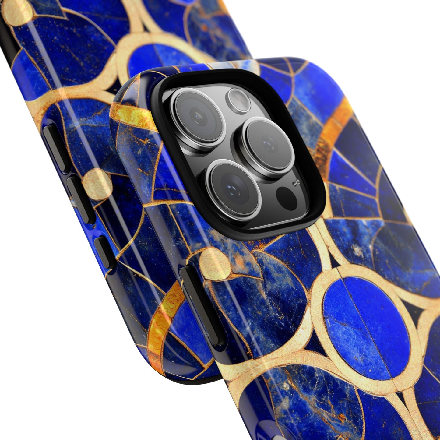 Blue Art Deco Stained Glass Phone Case Luxury Celestial Gold Pattern