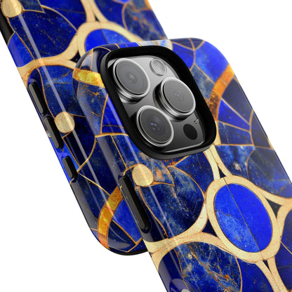 Blue Art Deco Stained Glass Phone Case Luxury Celestial Gold Pattern