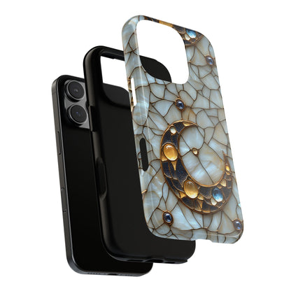 Celestial Phone Case – White Stained Glass & Gold Moon Design