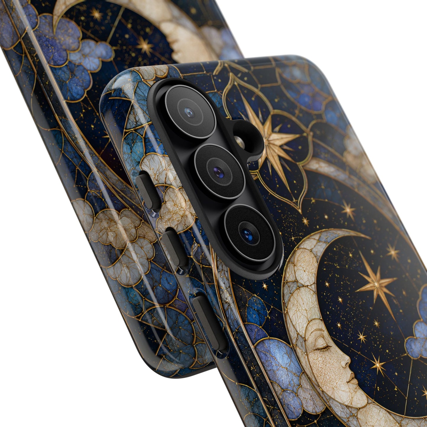 Celestial Moon Phone Case, Stained Glass Moon Case, Blue Gold Starry Night Phone Cover, Mystical Crescent Moon Case, Witchy Aesthetic Gift