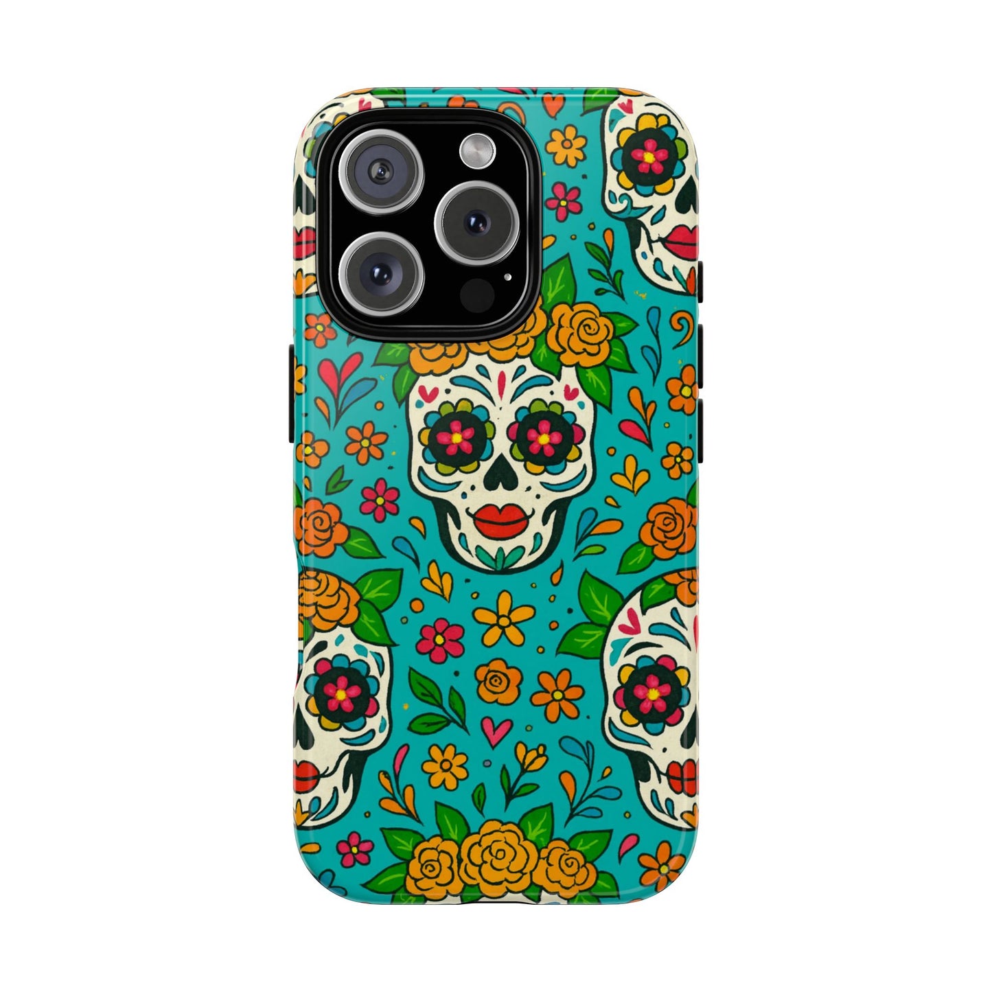 Teal Mexican Style Phone Cases With Floral Skulls - Dia De Los Muertos