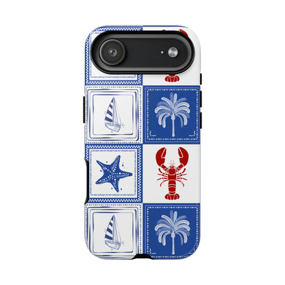 Coastal Tile Phone Case Blue White Nautical Lobster iPhone Samsung Pixel Case