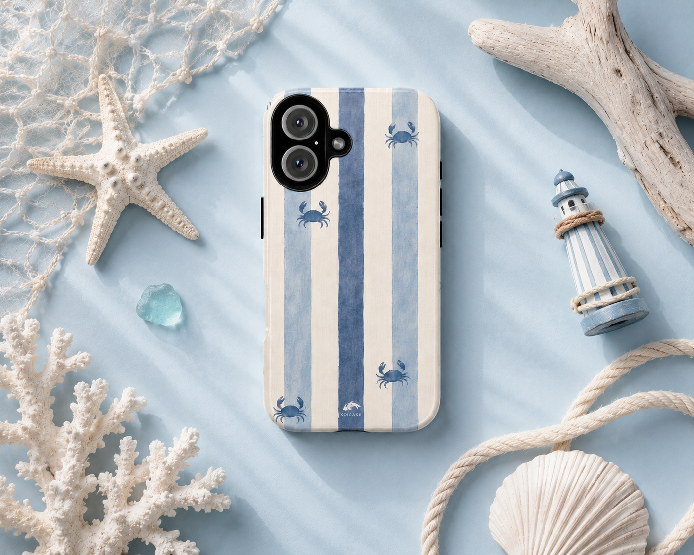 Blue Crab Coastal Phone Case | Minimalist Beach Stripe