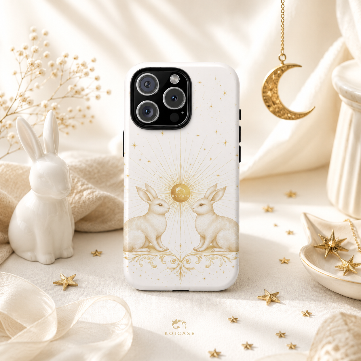 Celestial Bunny Phone Case, Rabbit Moon Stars Case, Neutral Serene Aesthetic iPhone Case,
