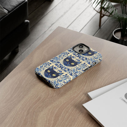 Tough Phone Cases - Mediterranean Tile Motif With Blue Cats