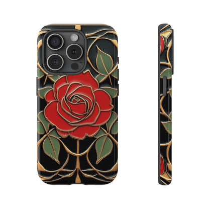 Art Nouveau Red Rose Phone Case Black Gold Floral Luxury iPhone Samsung Pixel Case