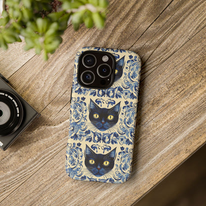 Tough Phone Cases - Mediterranean Tile Motif With Blue Cats