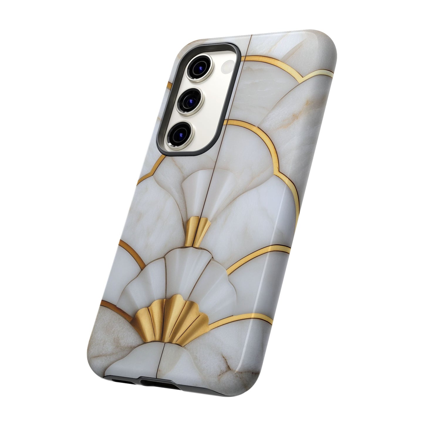 Art Deco Tough Phone Cases in White Marble Stone Print With Gold Threads for iPhone, Samsung Galaxy and Google Pixel Models