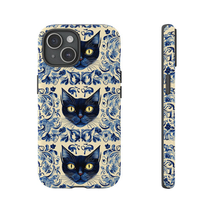 Tough Phone Cases - Mediterranean Tile Motif With Blue Cats