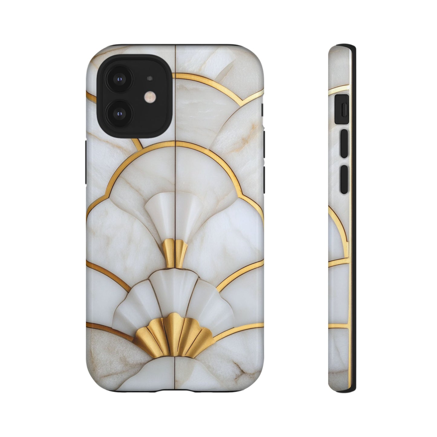 Art Deco Tough Phone Cases in White Marble Stone Print With Gold Threads for iPhone, Samsung Galaxy and Google Pixel Models