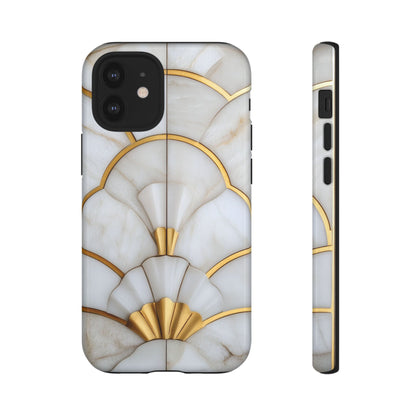 Art Deco Tough Phone Cases in White Marble Stone Print With Gold Threads for iPhone, Samsung Galaxy and Google Pixel Models