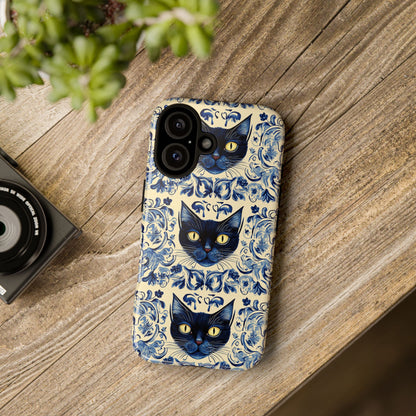 Tough Phone Cases - Mediterranean Tile Motif With Blue Cats