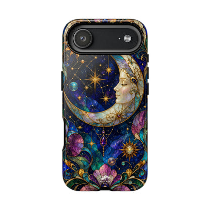 Celestial Crescent Moon Phone Case, Whimsical Stained Glass Art Nouveau Cover, Mystic Galaxy iPhone Samsung Galaxy Case, Cosmic Pixel Case