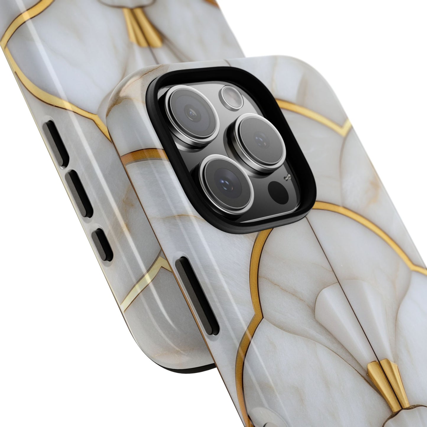 Art Deco Tough Phone Cases in White Marble Stone Print With Gold Threads for iPhone, Samsung Galaxy and Google Pixel Models