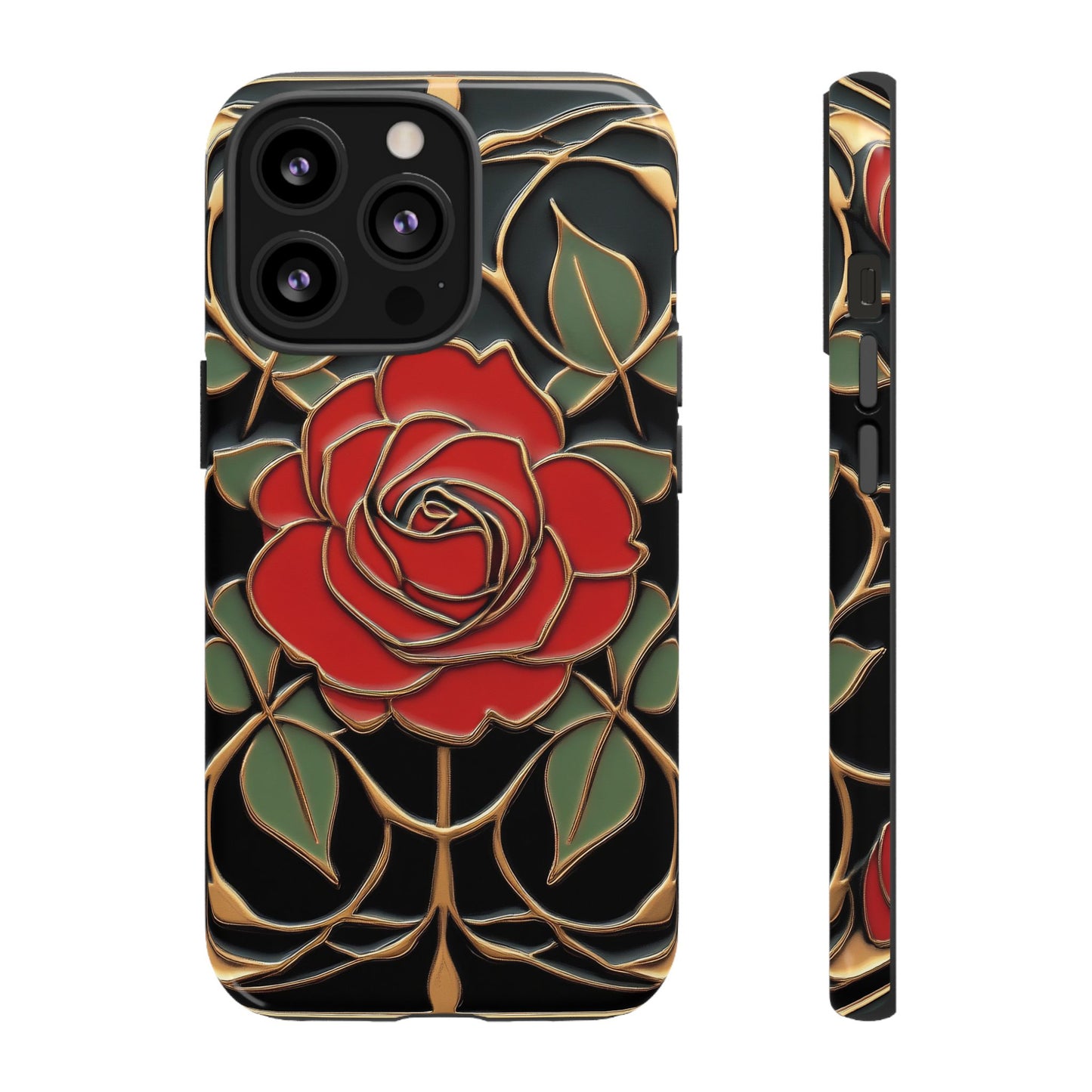 Art Nouveau Red Rose Phone Case Black Gold Floral Luxury iPhone Samsung Pixel Case