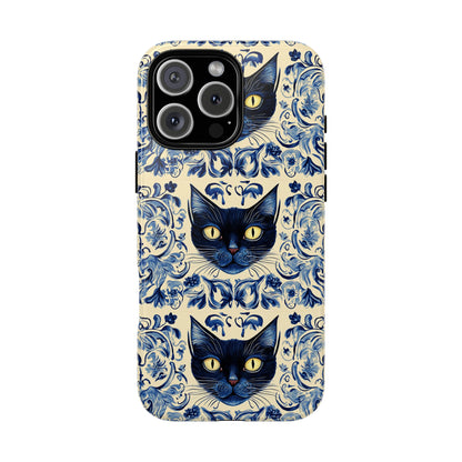 Tough Phone Cases - Mediterranean Tile Motif With Blue Cats