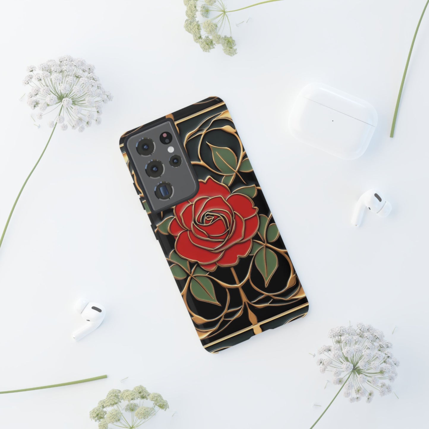 Art Nouveau Red Rose Phone Case Black Gold Floral Luxury iPhone Samsung Pixel Case