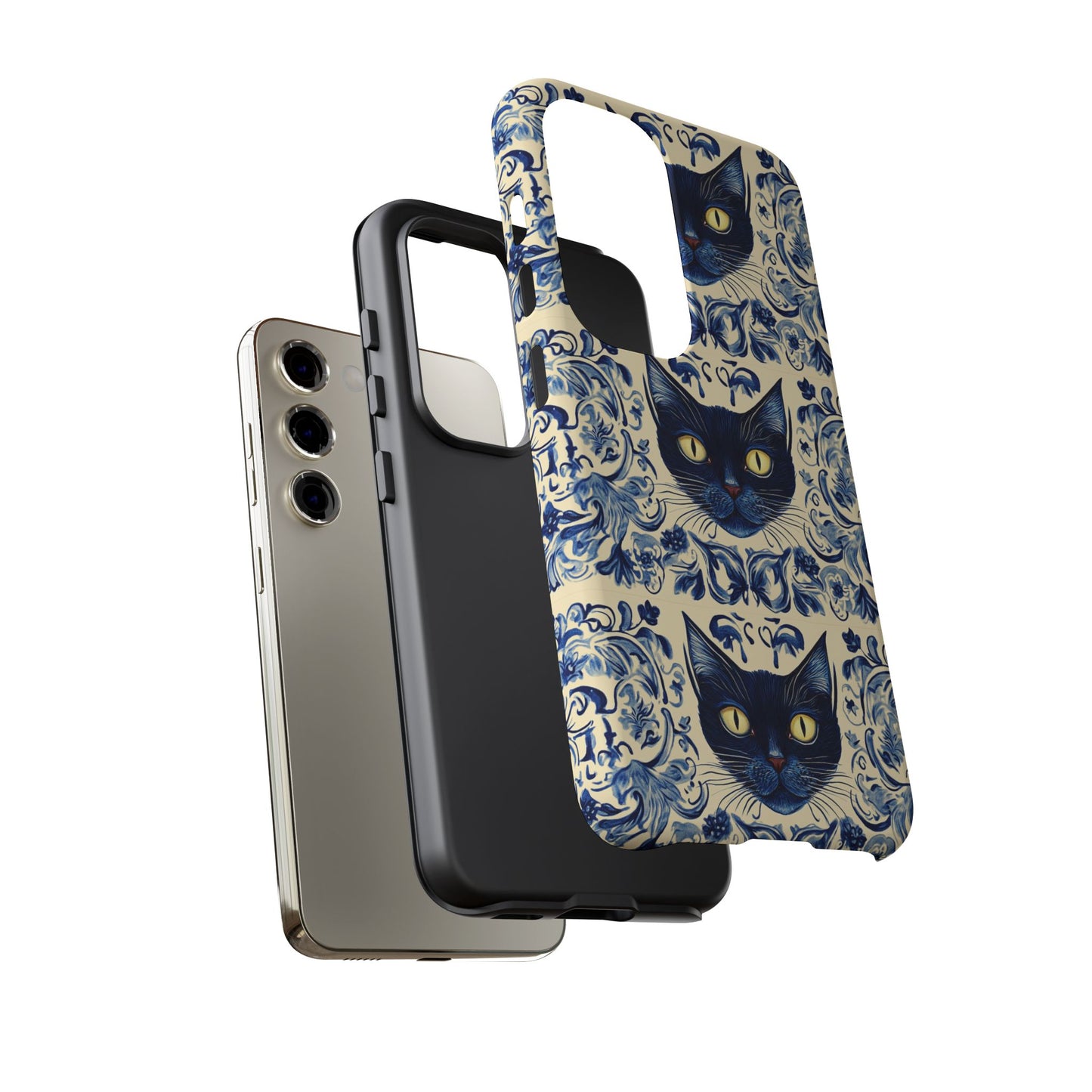 Tough Phone Cases - Mediterranean Tile Motif With Blue Cats