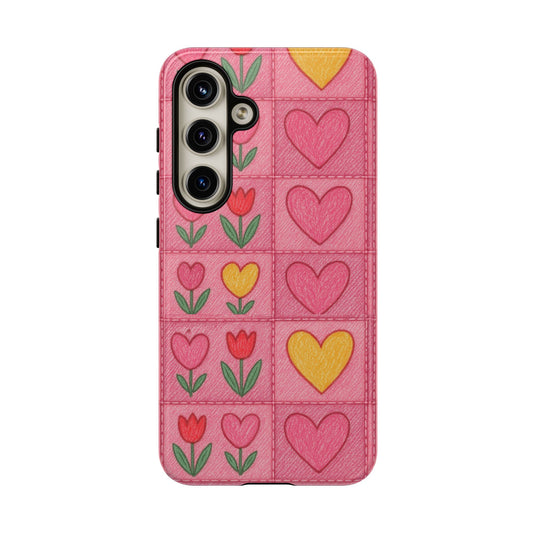 Phone Case - Pink Jean With Hearts & Tulip Flowers Tough Case