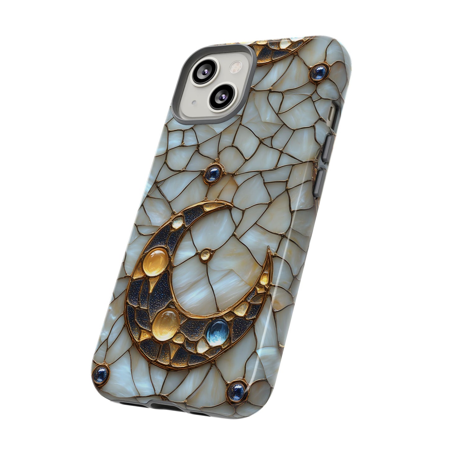 Celestial Phone Case – White Stained Glass & Gold Moon Design