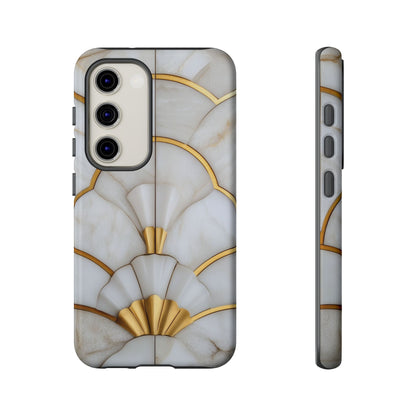Art Deco Tough Phone Cases in White Marble Stone Print With Gold Threads for iPhone, Samsung Galaxy and Google Pixel Models